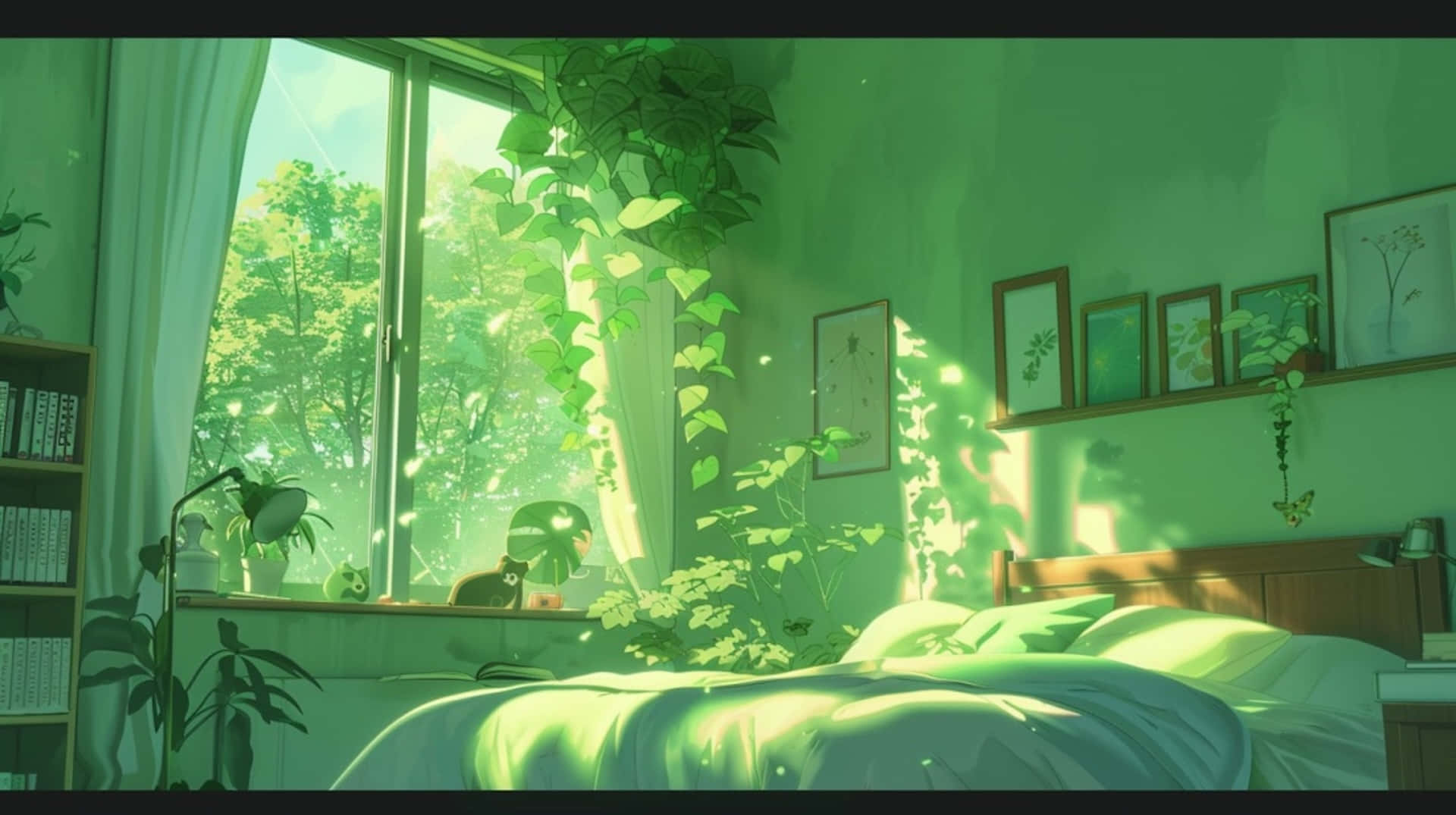 Green Aesthetic Bedroom Sunlight Wallpaper