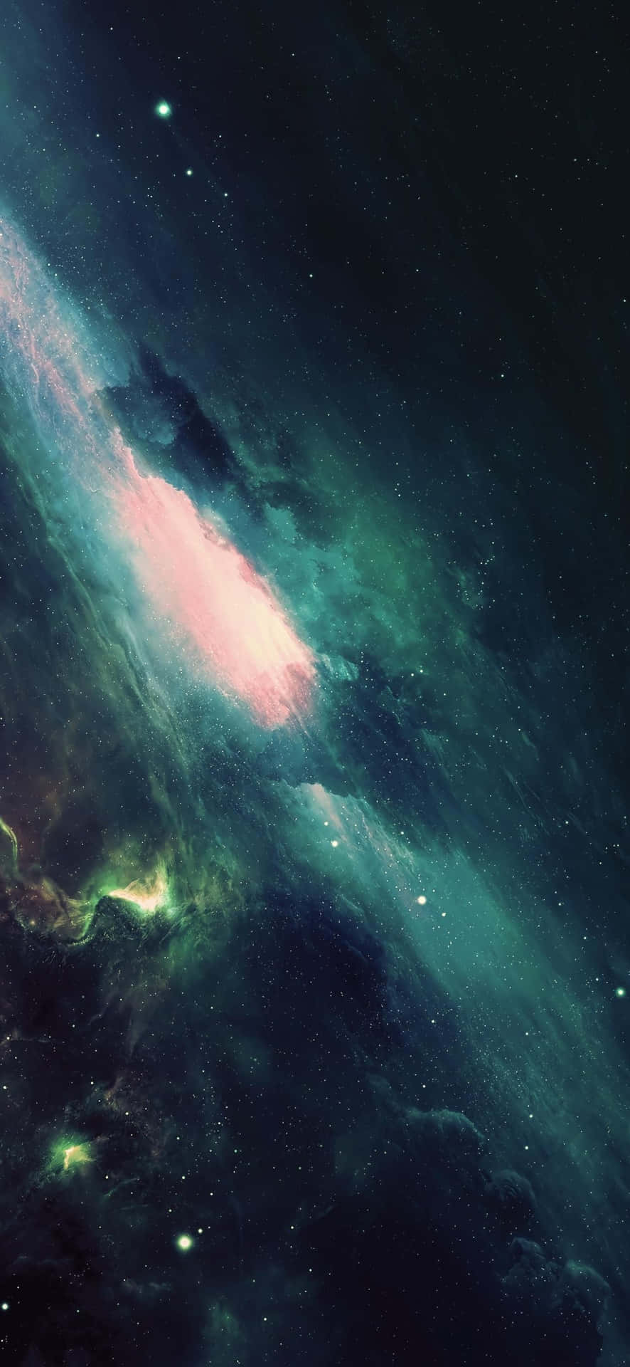 Explore the Depths of Space with this Mysterious Green and Blue Galaxy Wallpaper