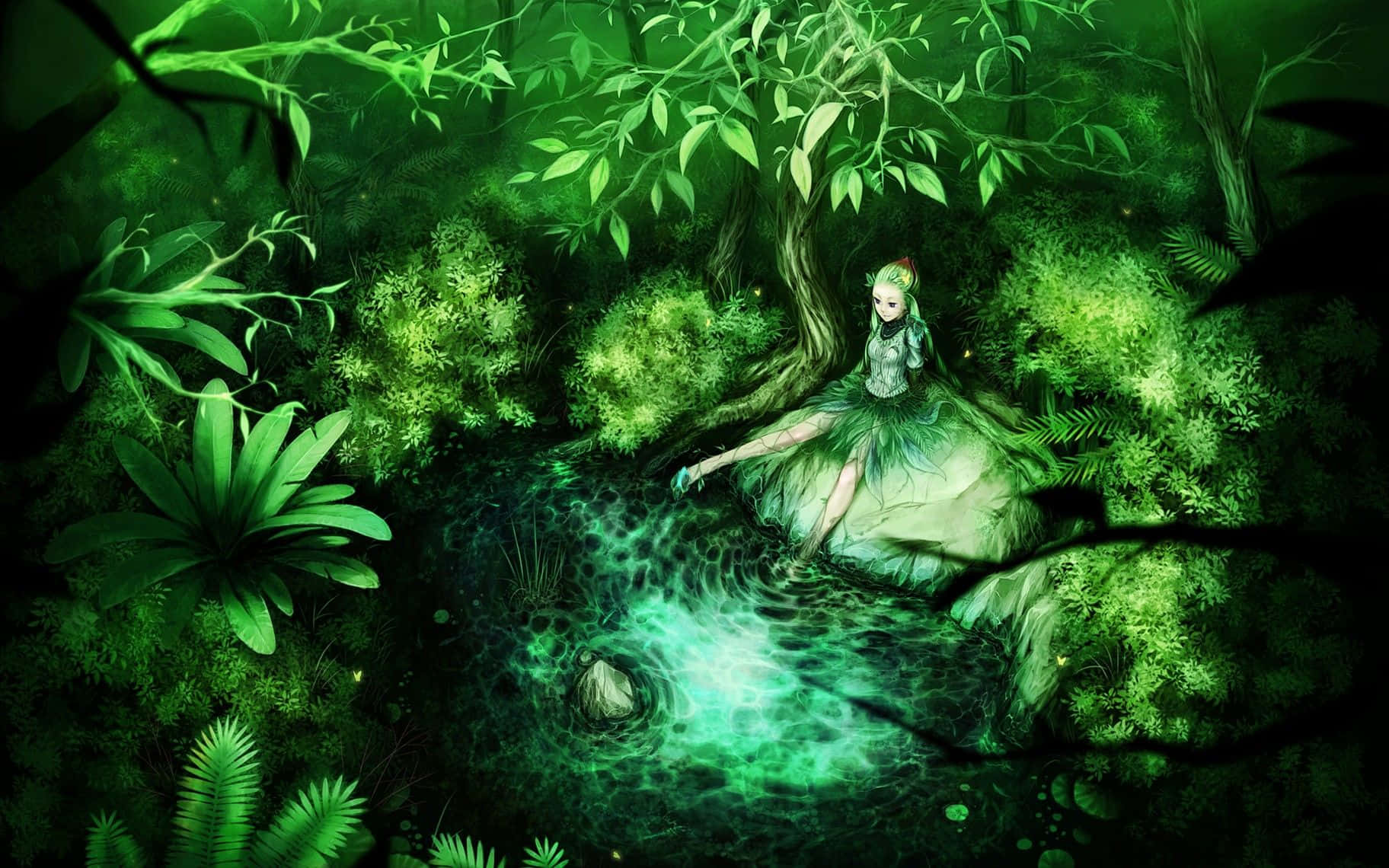 Grøn animepixie i en skjult forårs scene Wallpaper