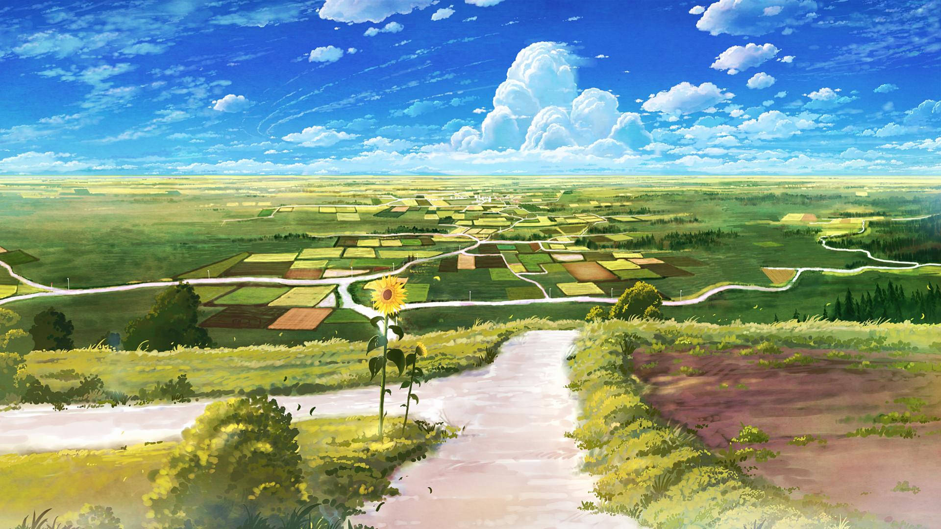 Plains With Crop Lines Green Anime Aesthetic Wallpaper