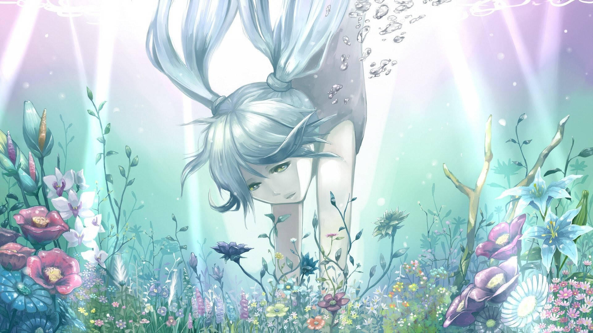 A Girl With Long Hair Is Floating In A Field Of Flowers Wallpaper