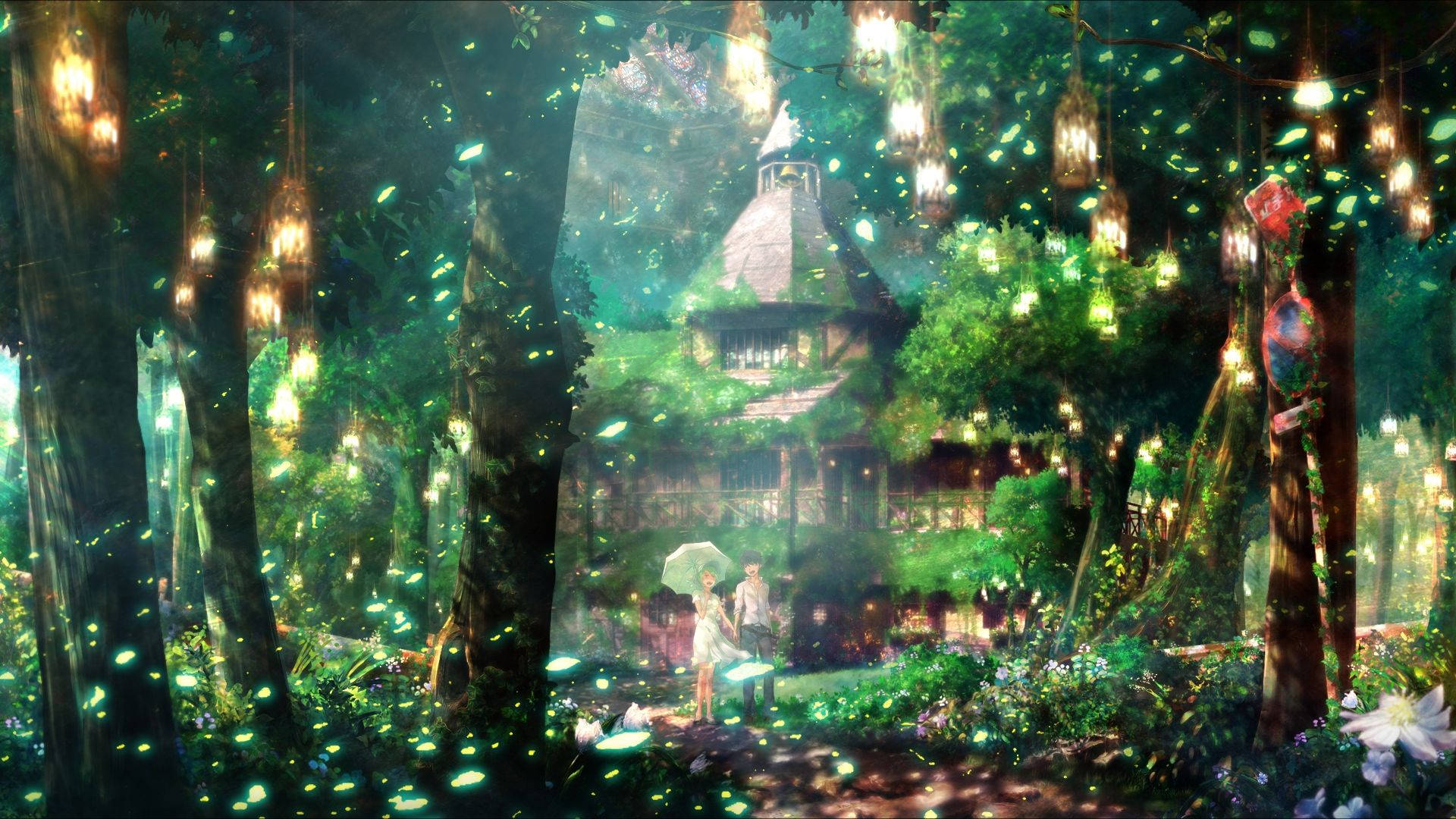 Anime Couple In The Forest Green Anime Aesthetic Wallpaper