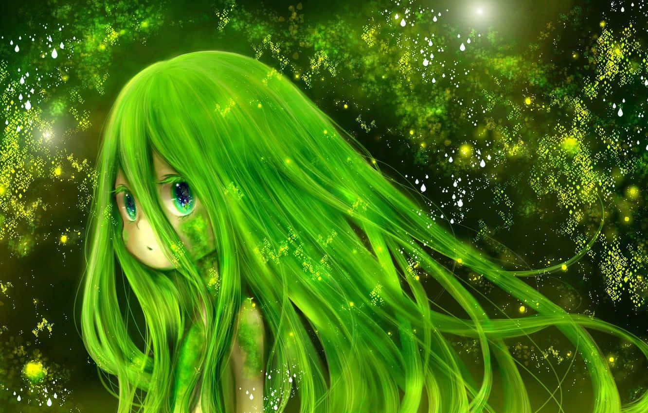 Garotade Anime Verde Com Cabelo Verde. Papel de Parede