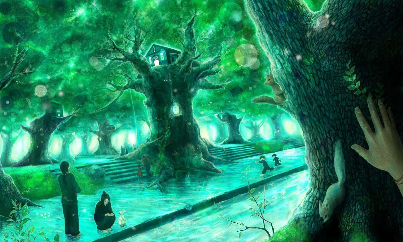 Mesmerizing Green Anime Landscape Wallpaper