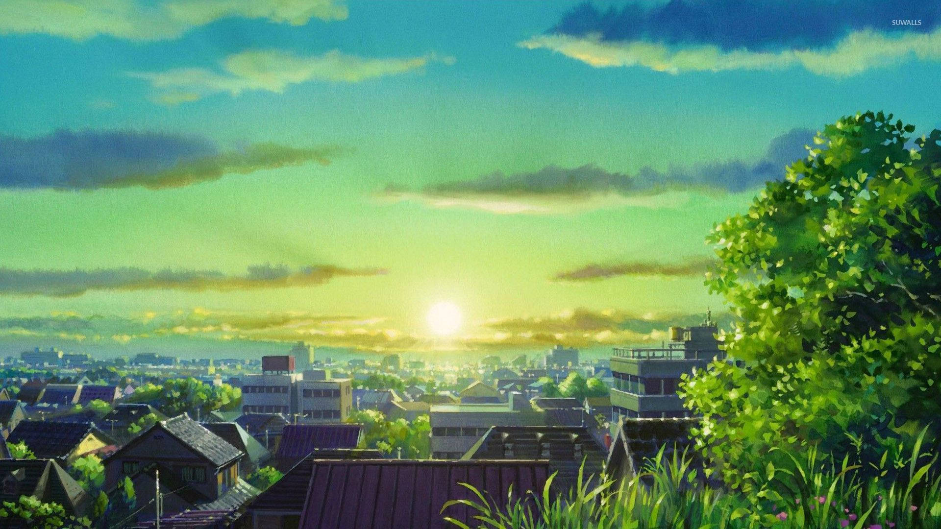 Green anime cityscape wallpaper.