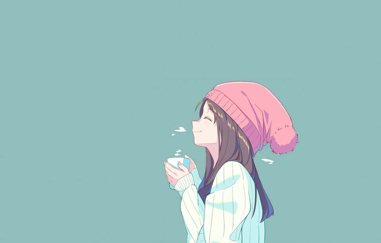Chicade Anime Verde Tomando Café. Fondo de pantalla