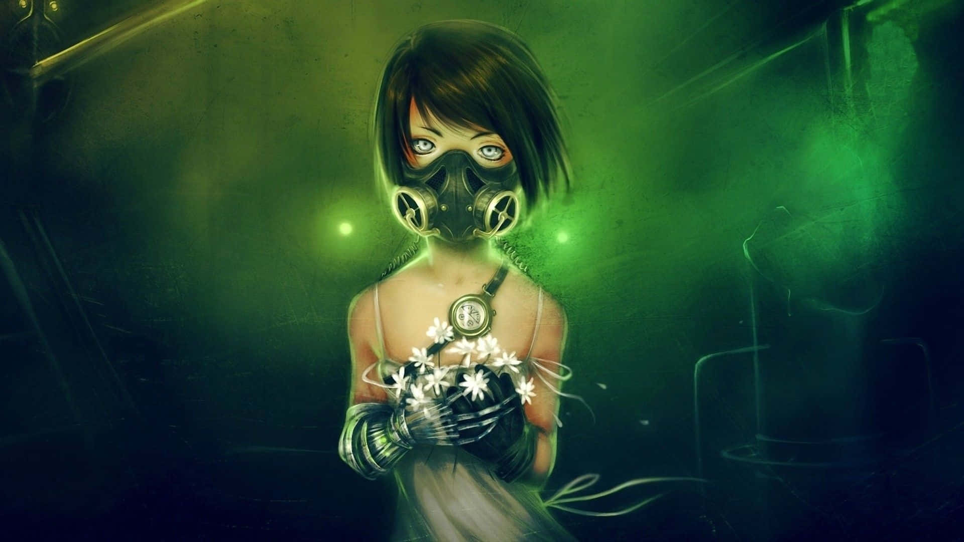 anime young girl with red hair wearing a gas mask looking at the viewer  with a wondering face