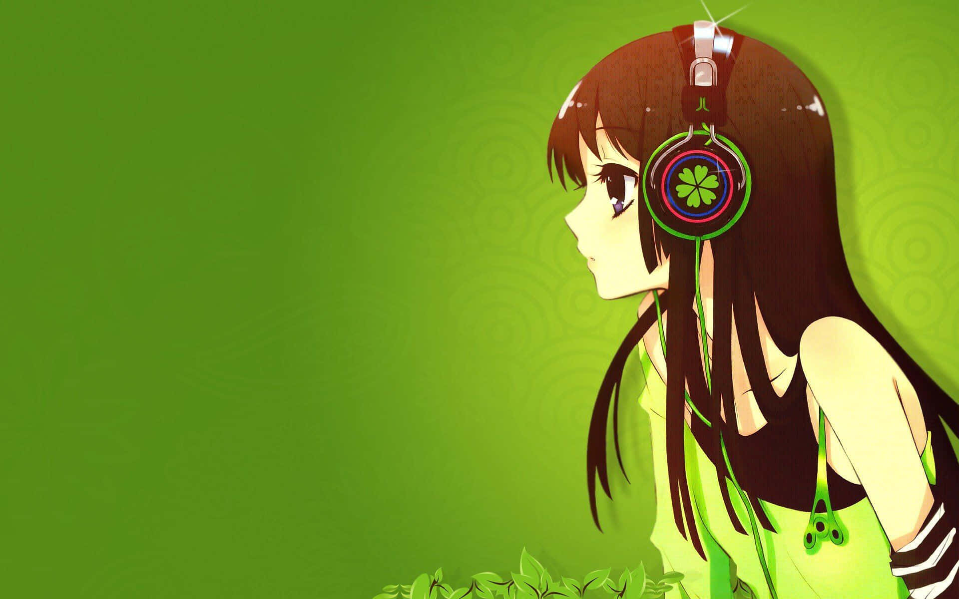 A Girl With Headphones On Is Sitting In Front Of A Green Background Wallpaper
