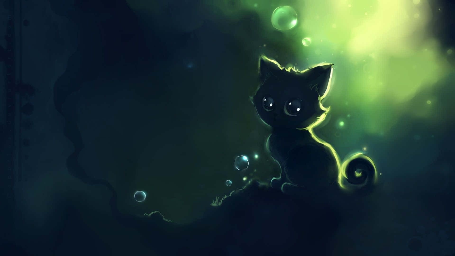 Green Anime Black Kitten Wallpaper