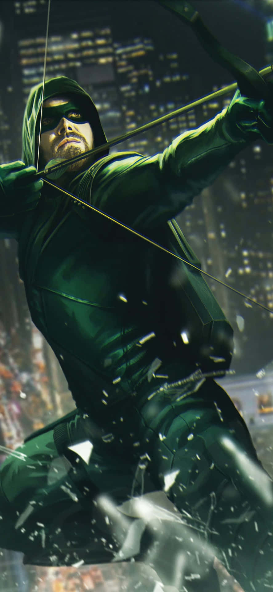 Caption: Intense Green Arrow Action on iPhone Wallpaper