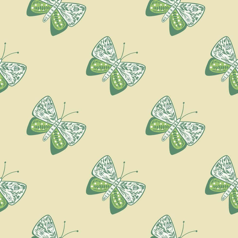 Green Butterfly Pattern Beige Background Wallpaper