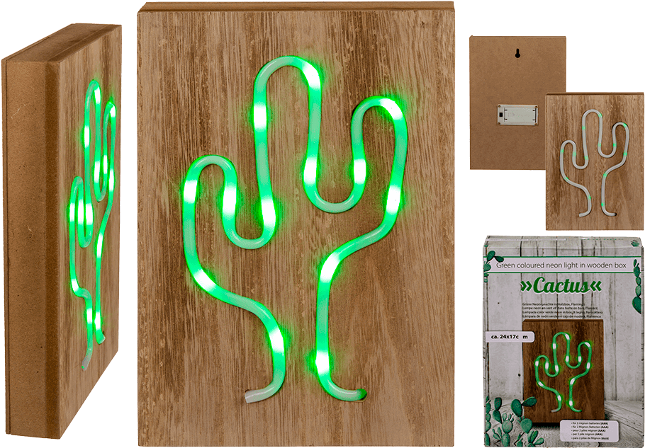 Green Cactus Neon Light Wooden Box PNG
