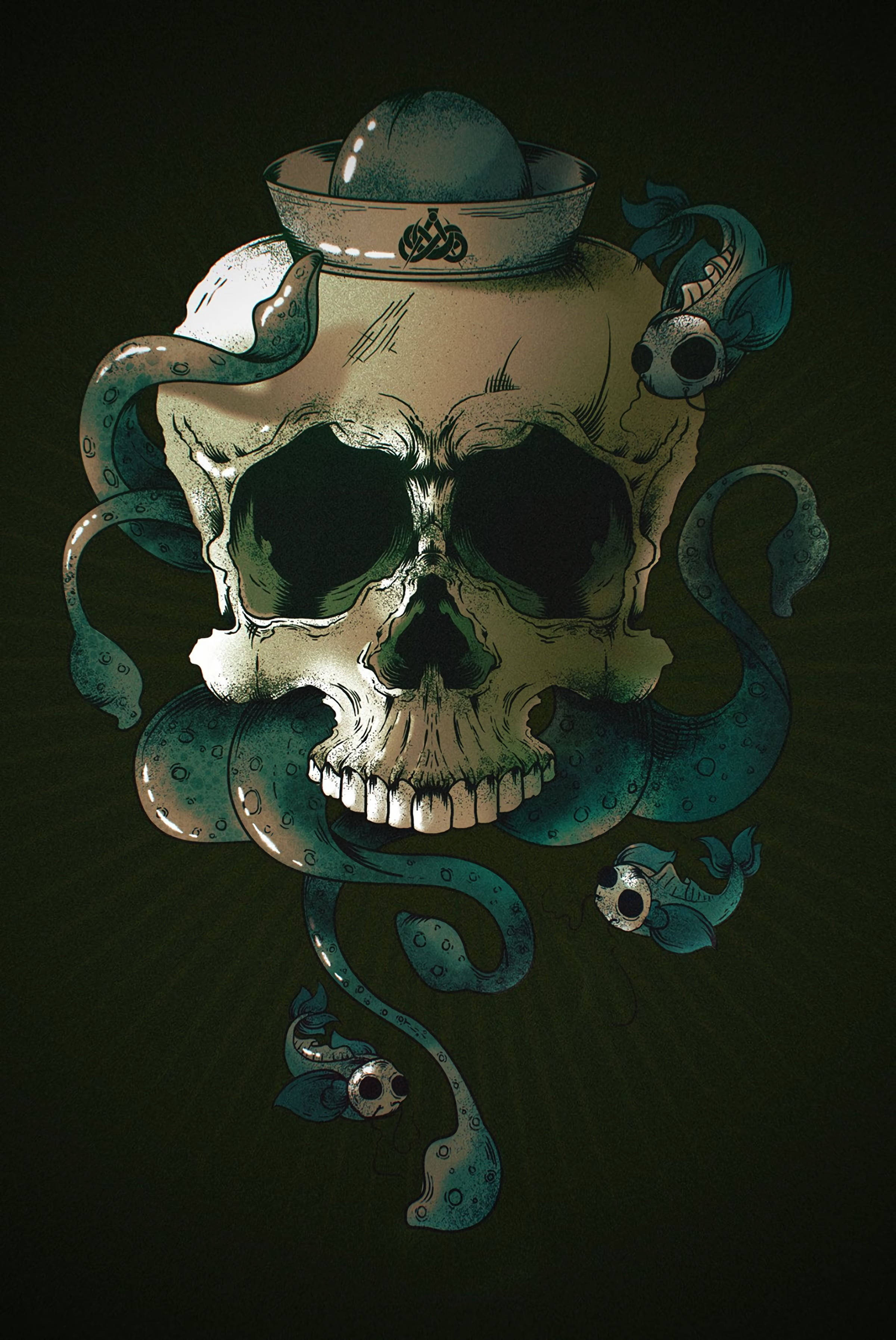Green Cap Skeleton Aesthetic with Squid Tentacles Wallpaper