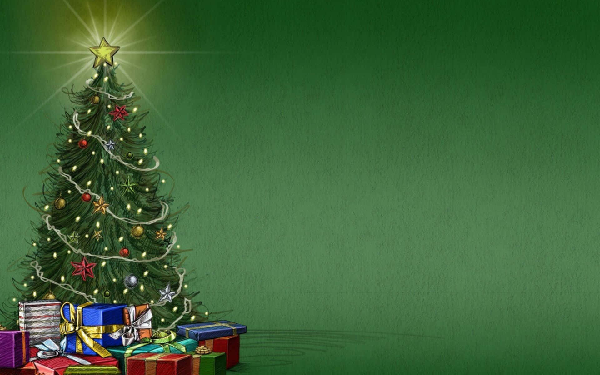 Christmas Tree With Presents On Green Background Wallpaper