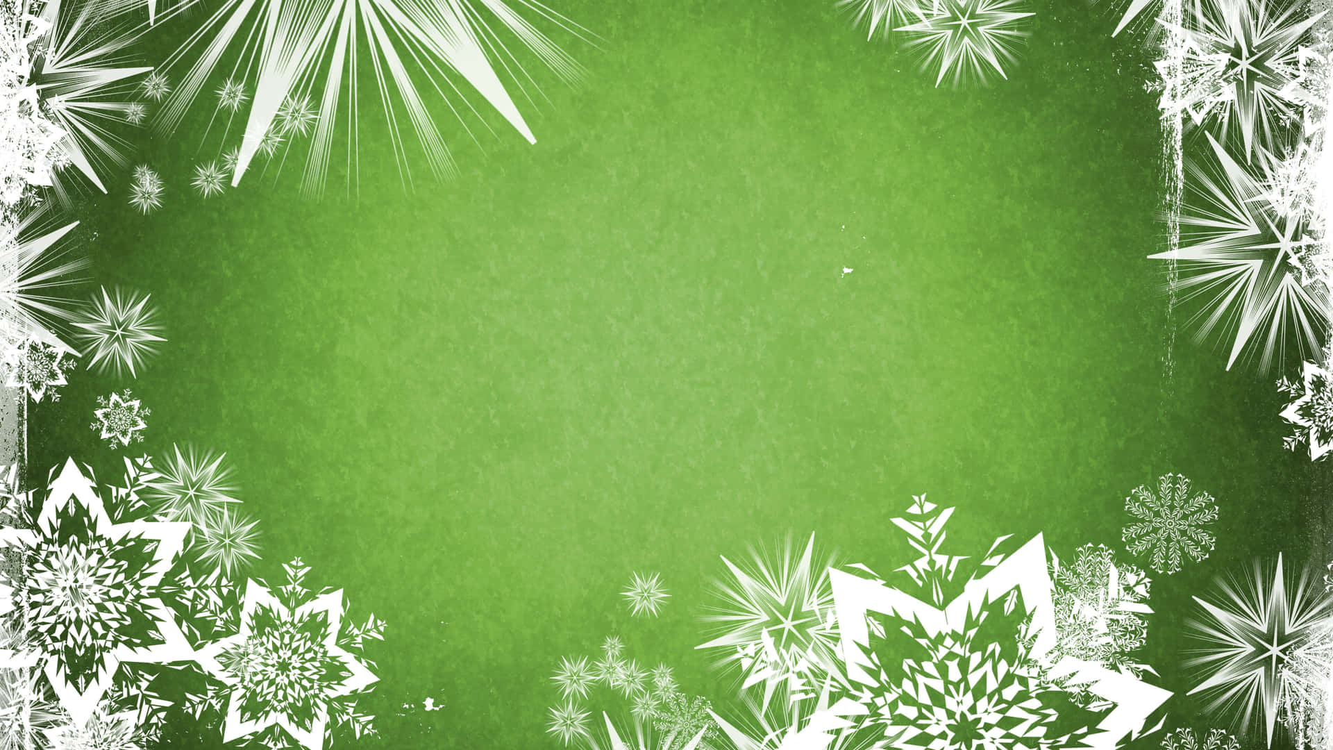 A Green Background With Snowflakes And White Snowflakes
