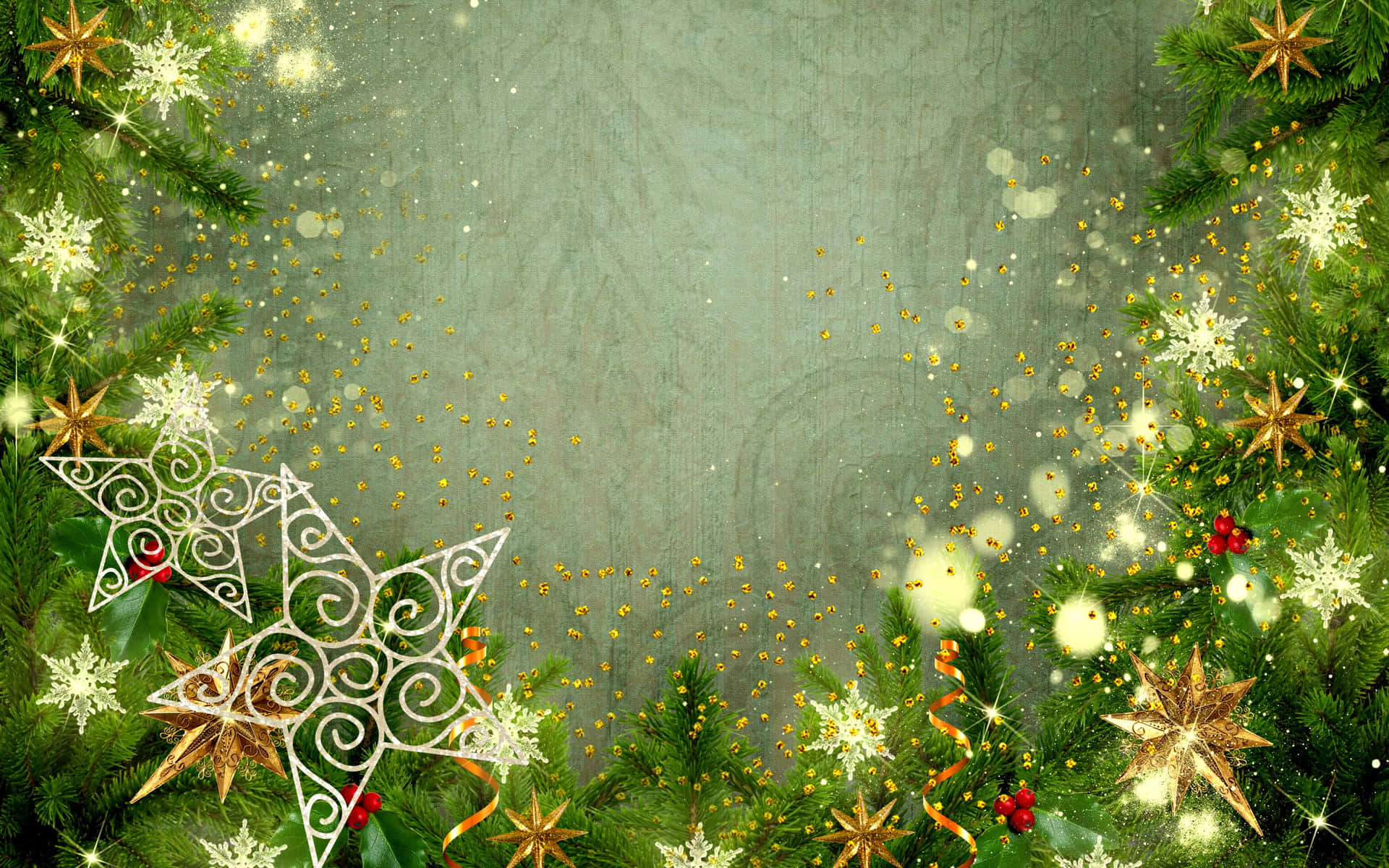 A Green Background With Stars And A Christmas Tree