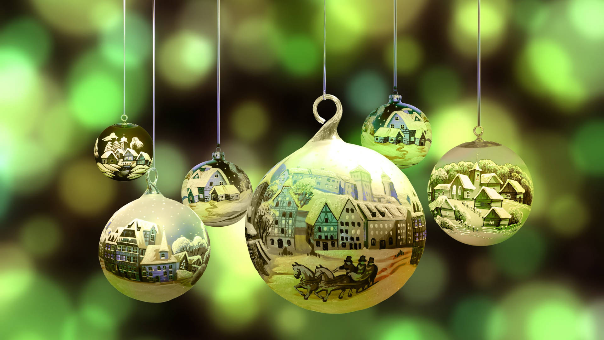 Green Christmas Balls With Snowy Landscape Wallpaper