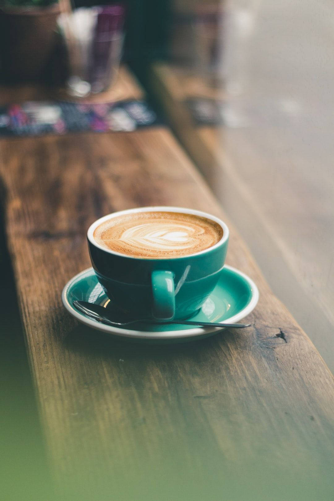 Green Coffee Cup On Wood Aesthetic Picture