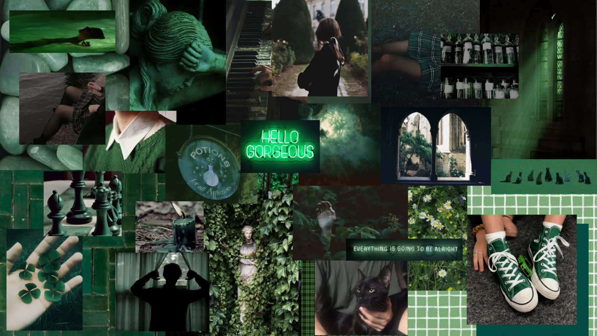 A vibrant green collage of inspiring thoughts and natural elements. Wallpaper