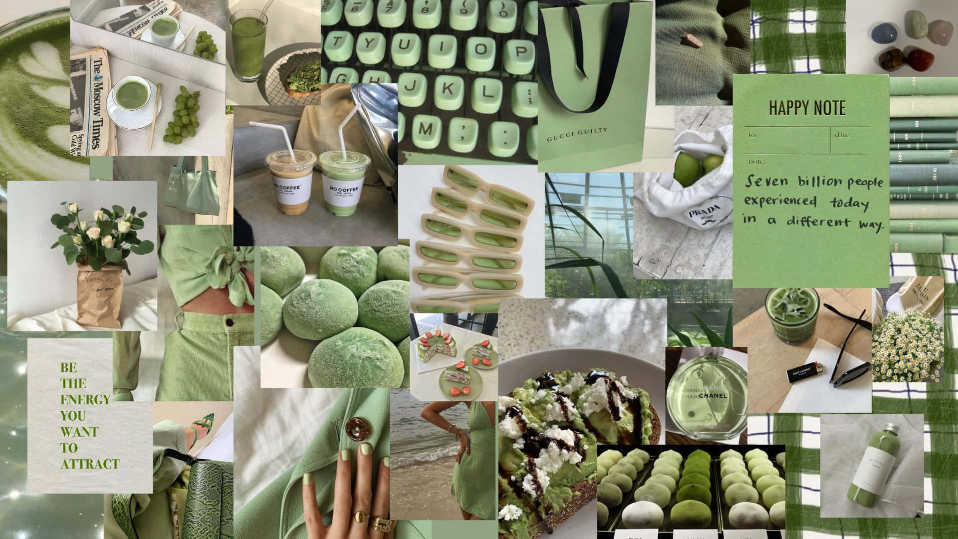 En livlig og kreativ grøn collage af naturlige elementer. Wallpaper