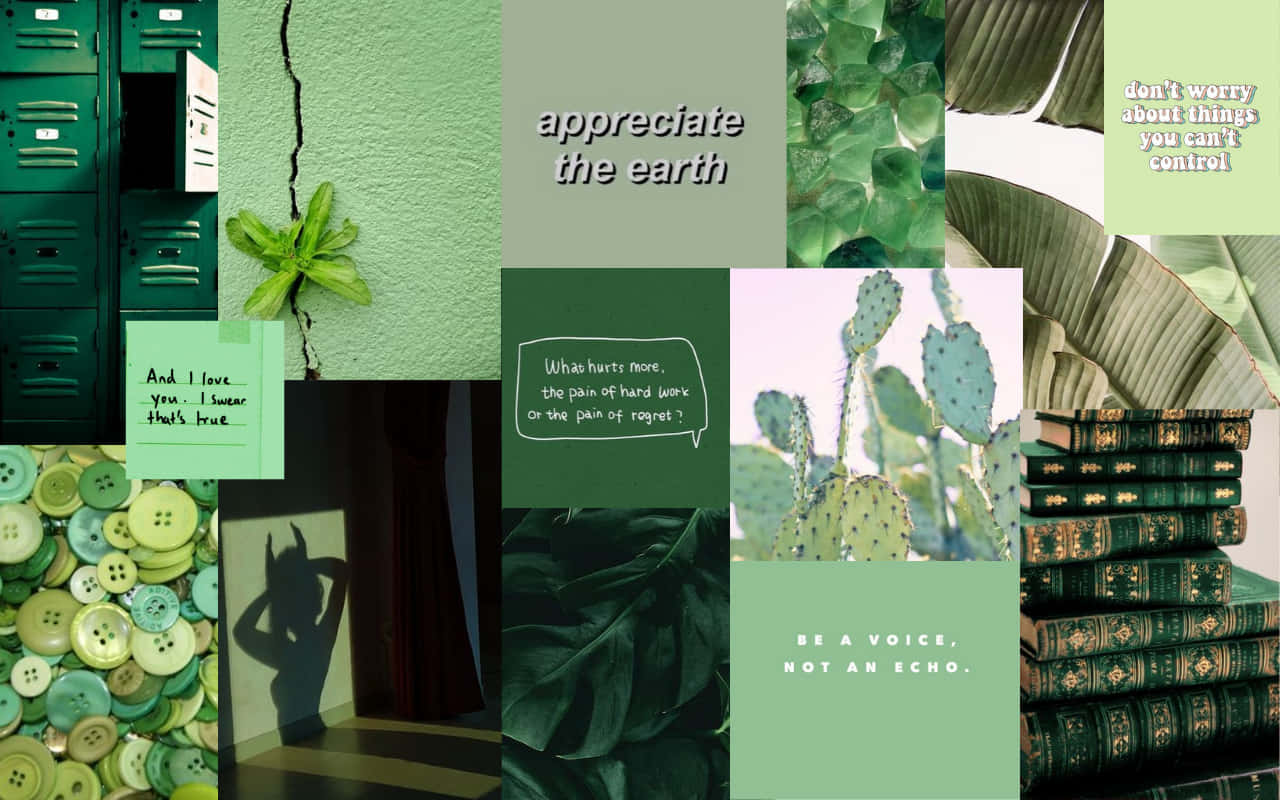 Et kollage af grønne planter og billeder af dyr. Wallpaper