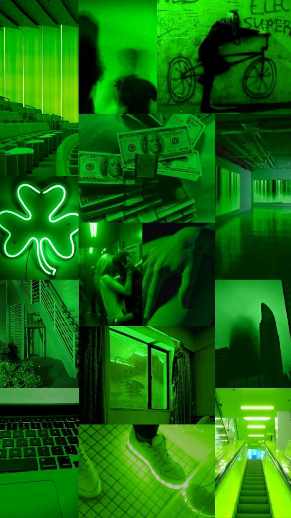 Gröncollage Neonljus Klöver Pengar. Wallpaper