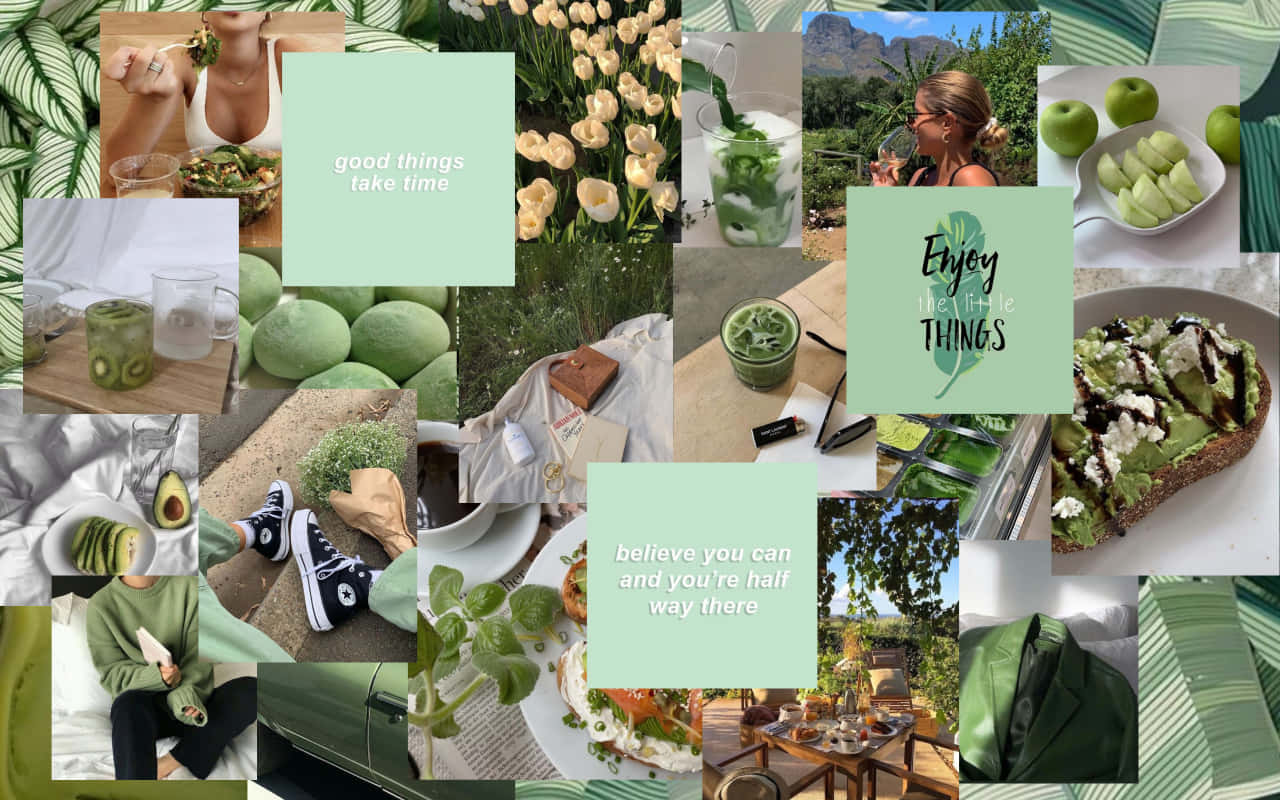 Grøn og hvid collage med billeder af mad og drikke Wallpaper