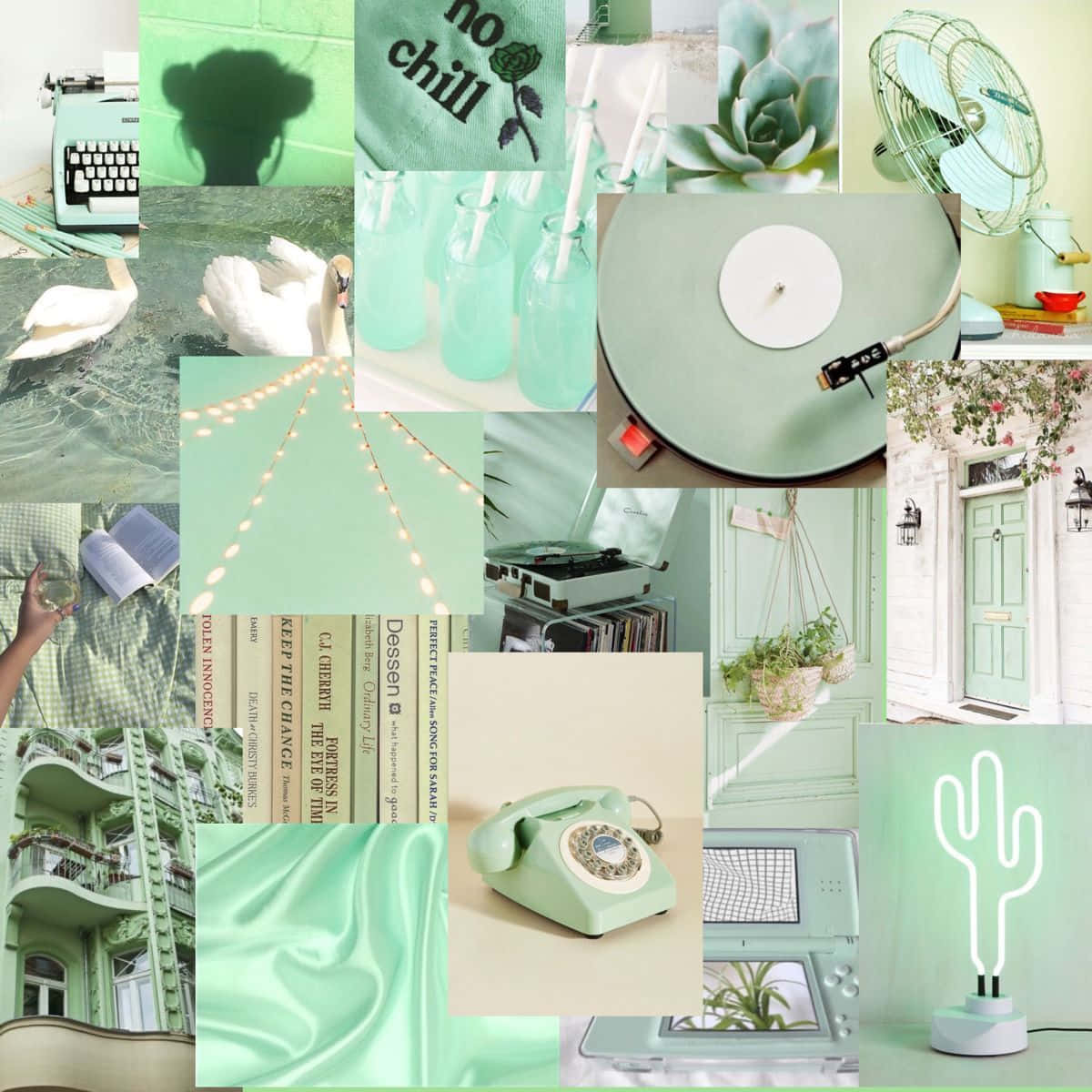 A Collage Of Pictures Of Green And White Items Wallpaper