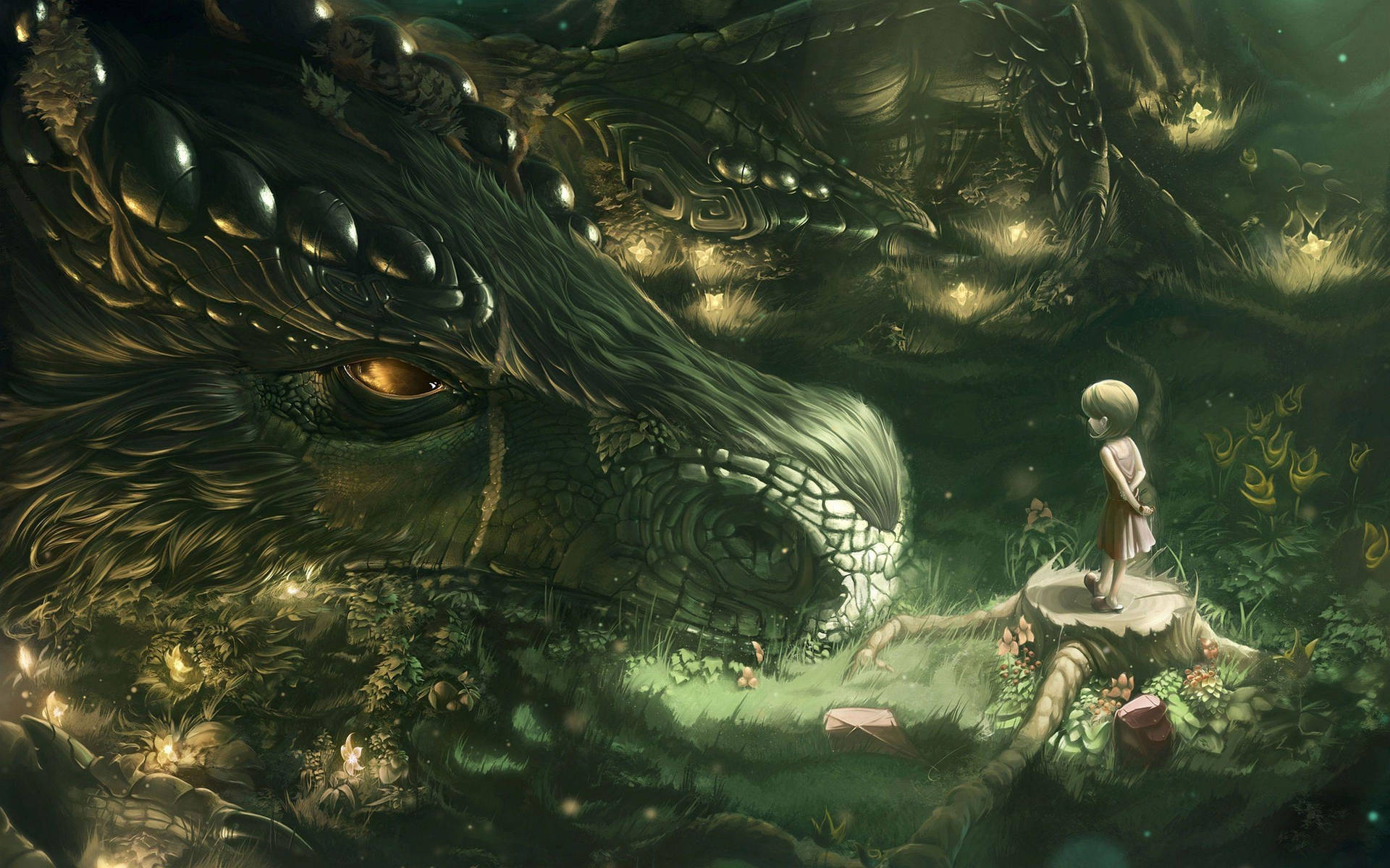 Green Dragon And Child Wallpaper