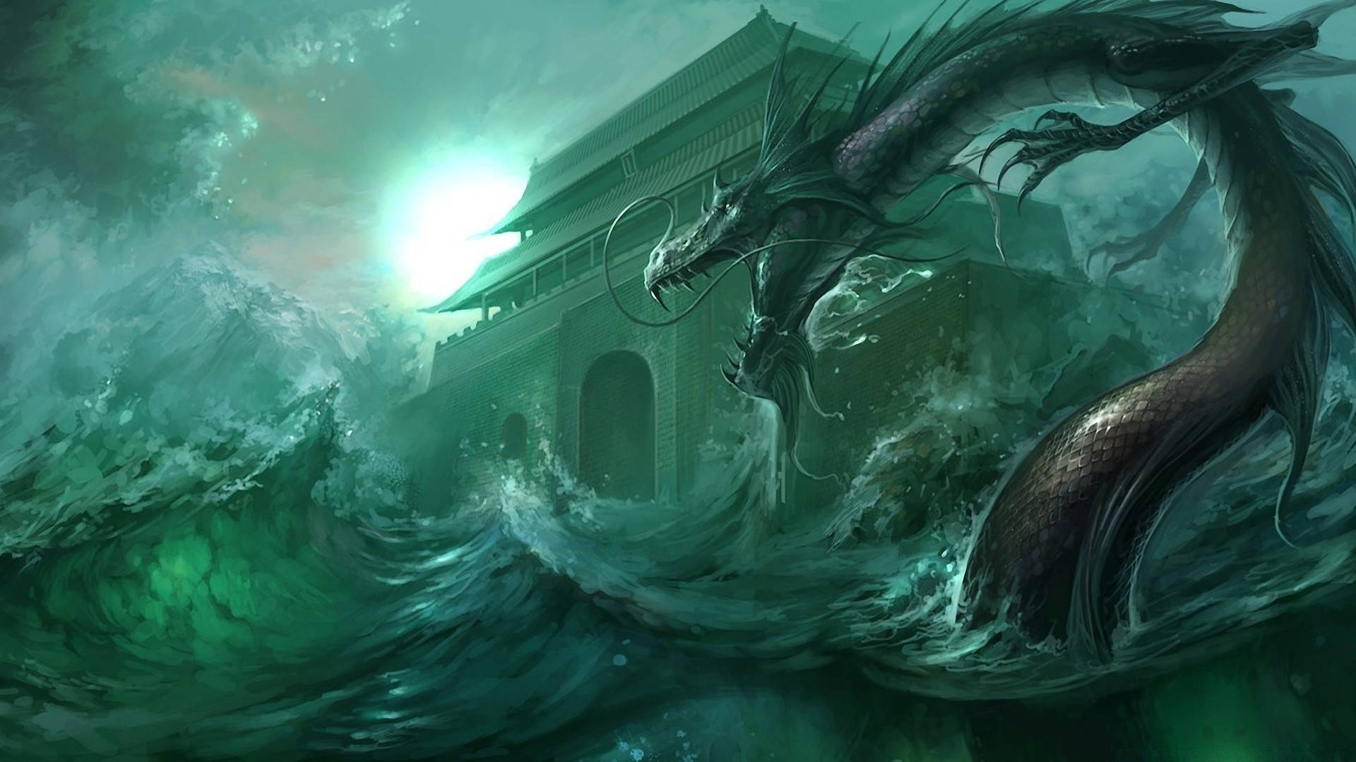 Green Dragon In Sea Wallpaper