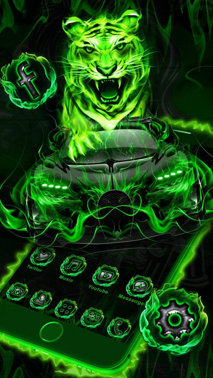 Automobile Verde Del Fuoco Con La Tigre E L'iphone Sfondo