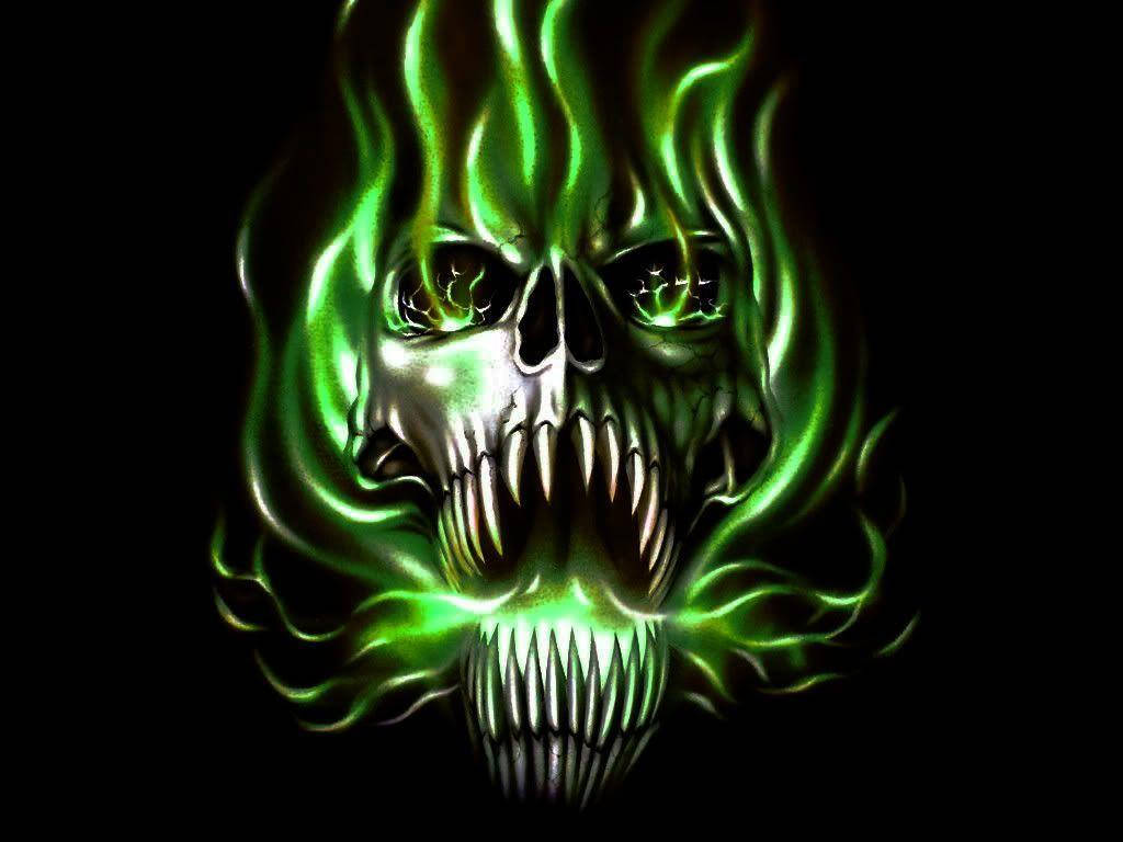 Green Fire Skull With Open Mouth Wallpaper