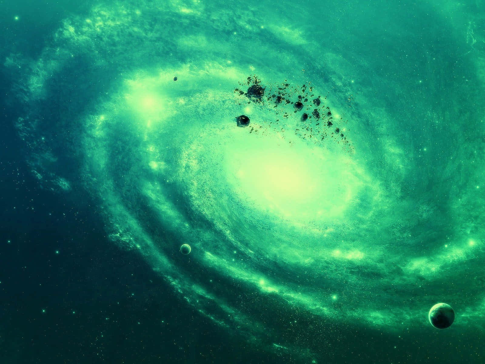 Green Galaxy Floating Planets Wallpaper