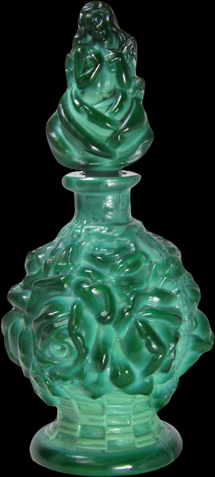 Green Glass Perfume Bottlewith Figurine Top PNG