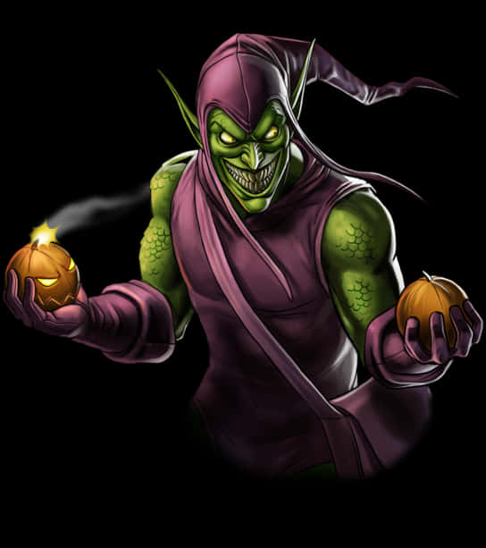 Green Goblin Holding Pumpkin Bombs PNG