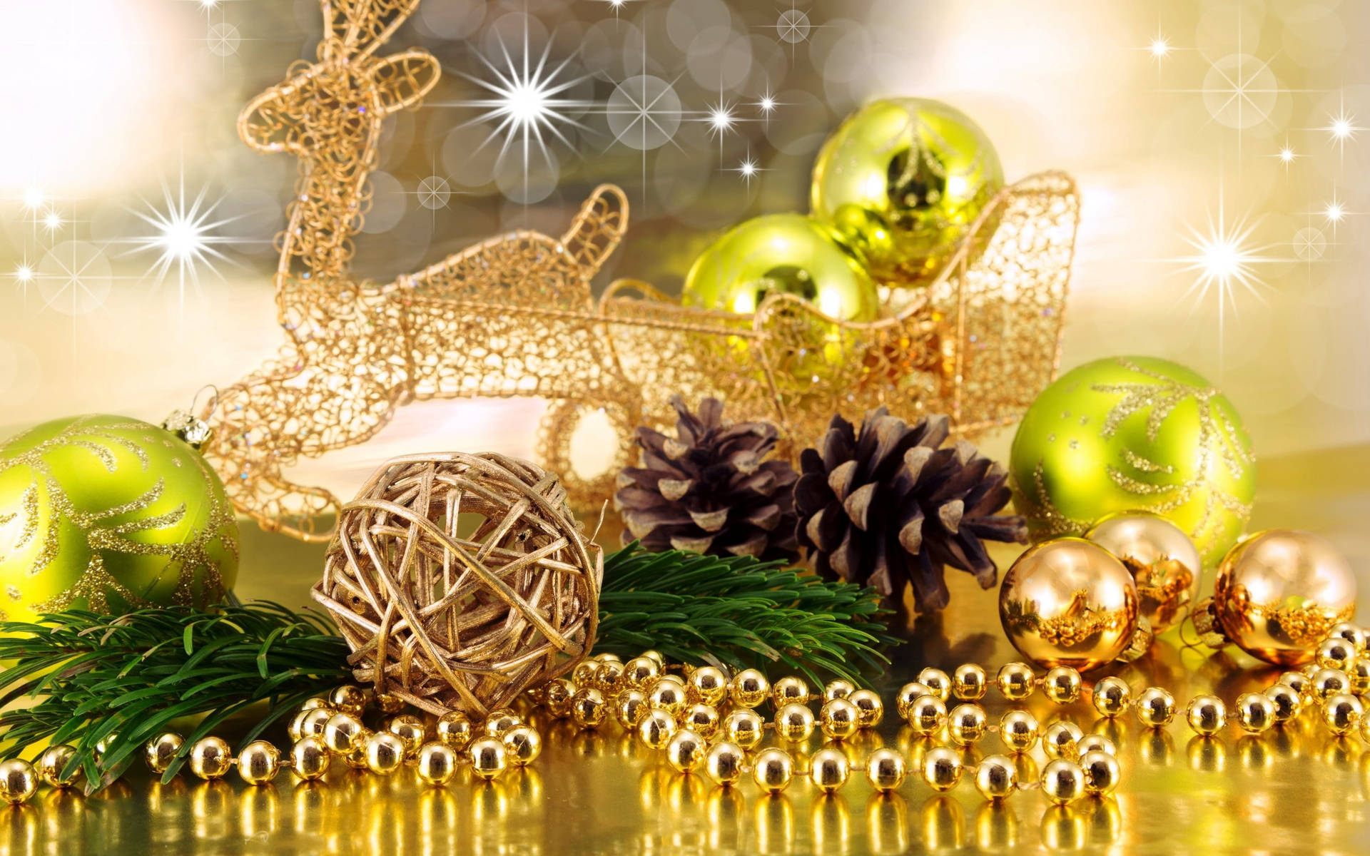 Green Gold Christmas Balls With Reindeer Wallpaper
