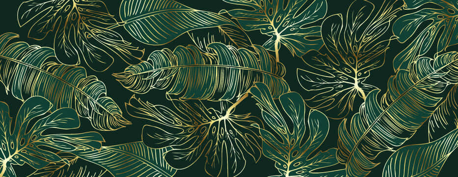 Green Gold Tropical Leaves Pattern Wallpaper