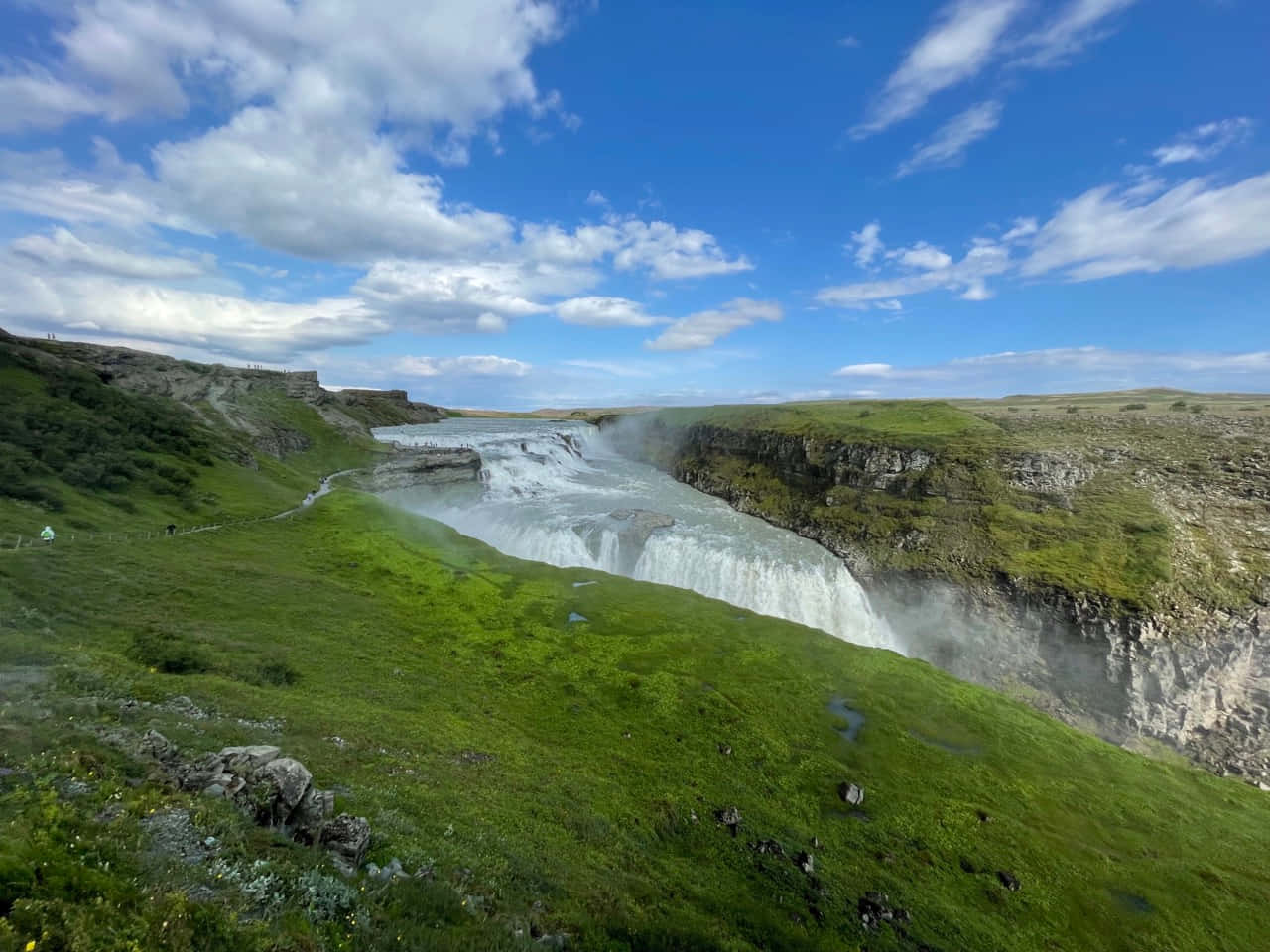 Green Grass Around Gullfoss Waterfall In Southwest Iceland Wallpaper