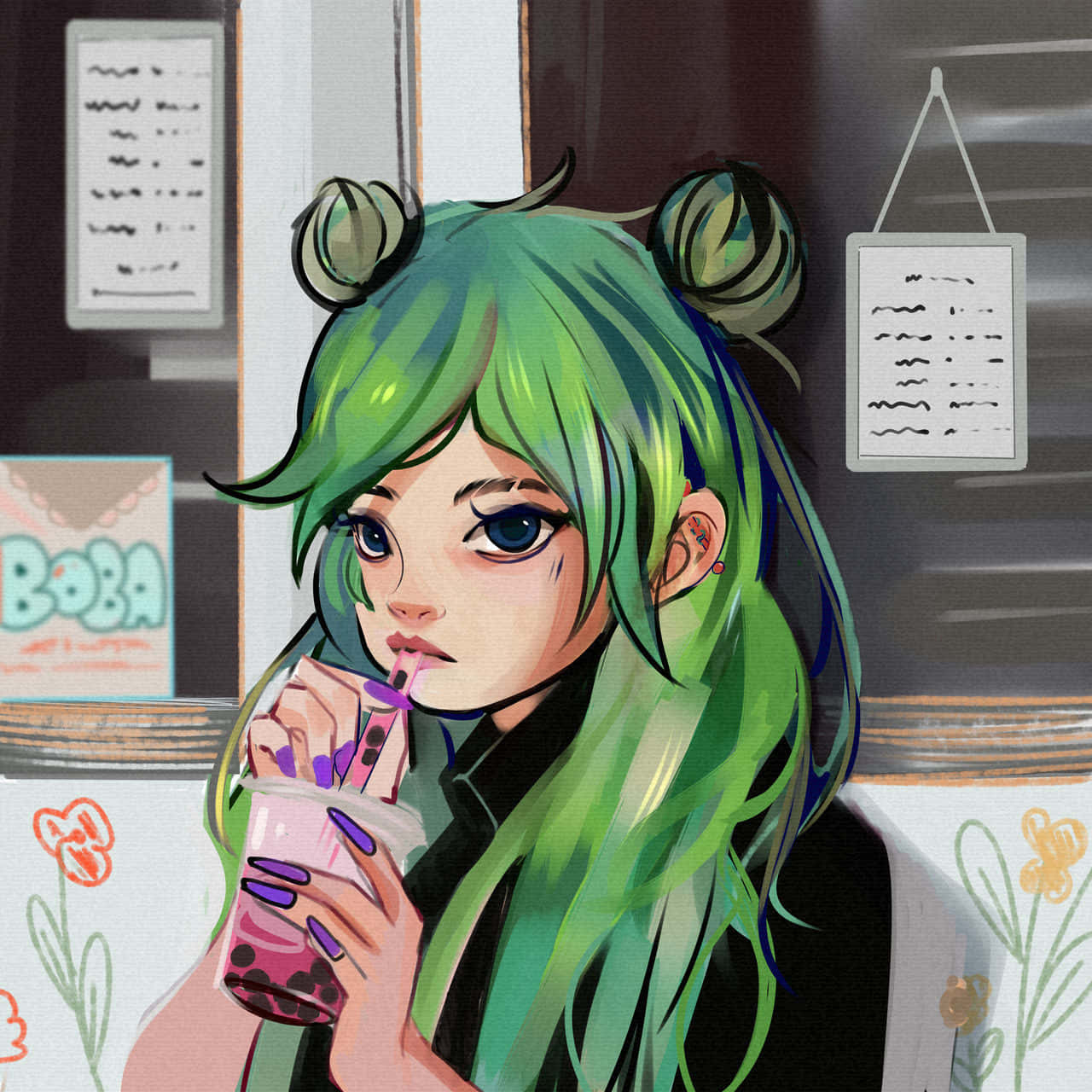 Green Haired Anime Girl Drinking Boba Wallpaper