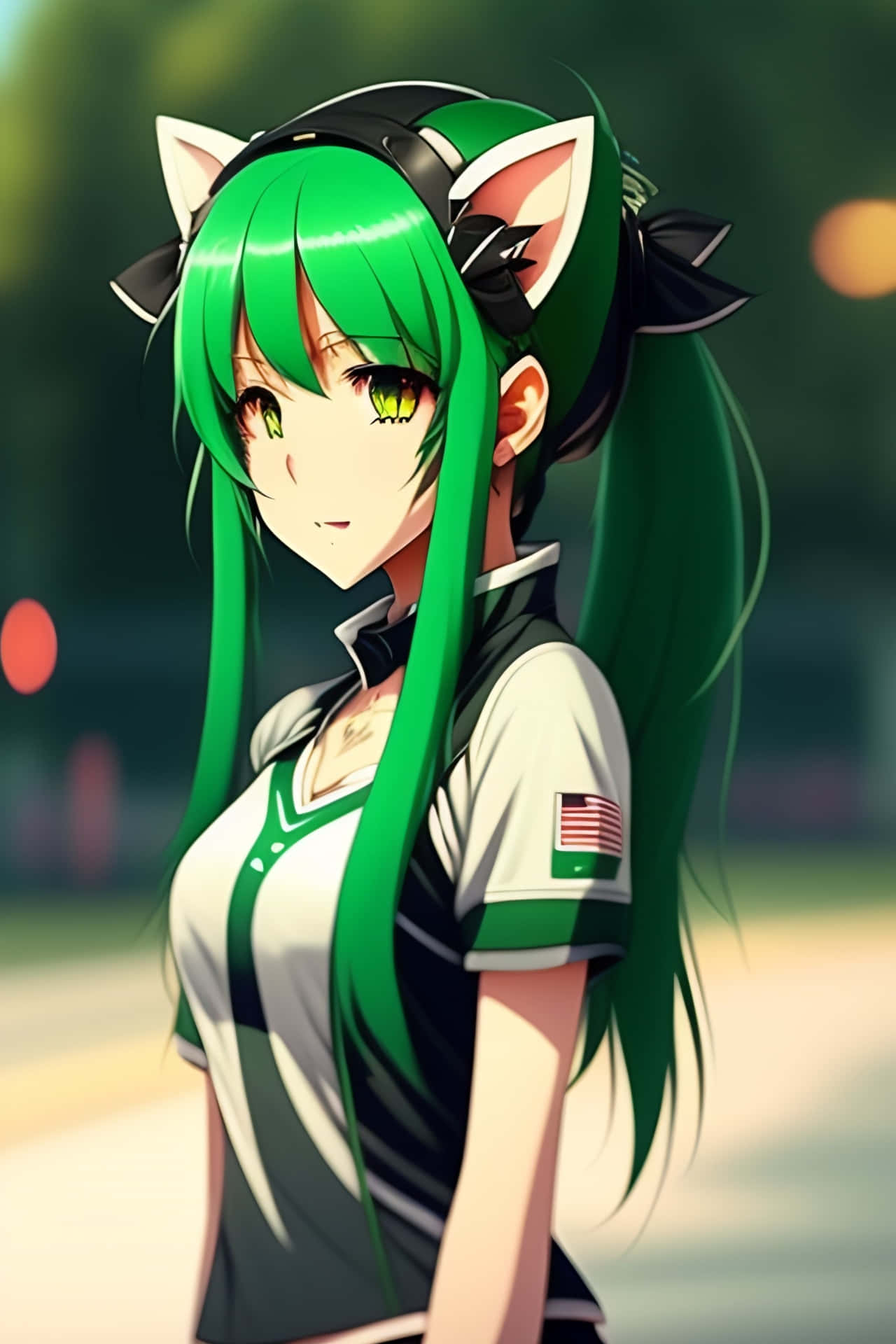 Green Haired Anime Girl With Cat Ears Wallpaper