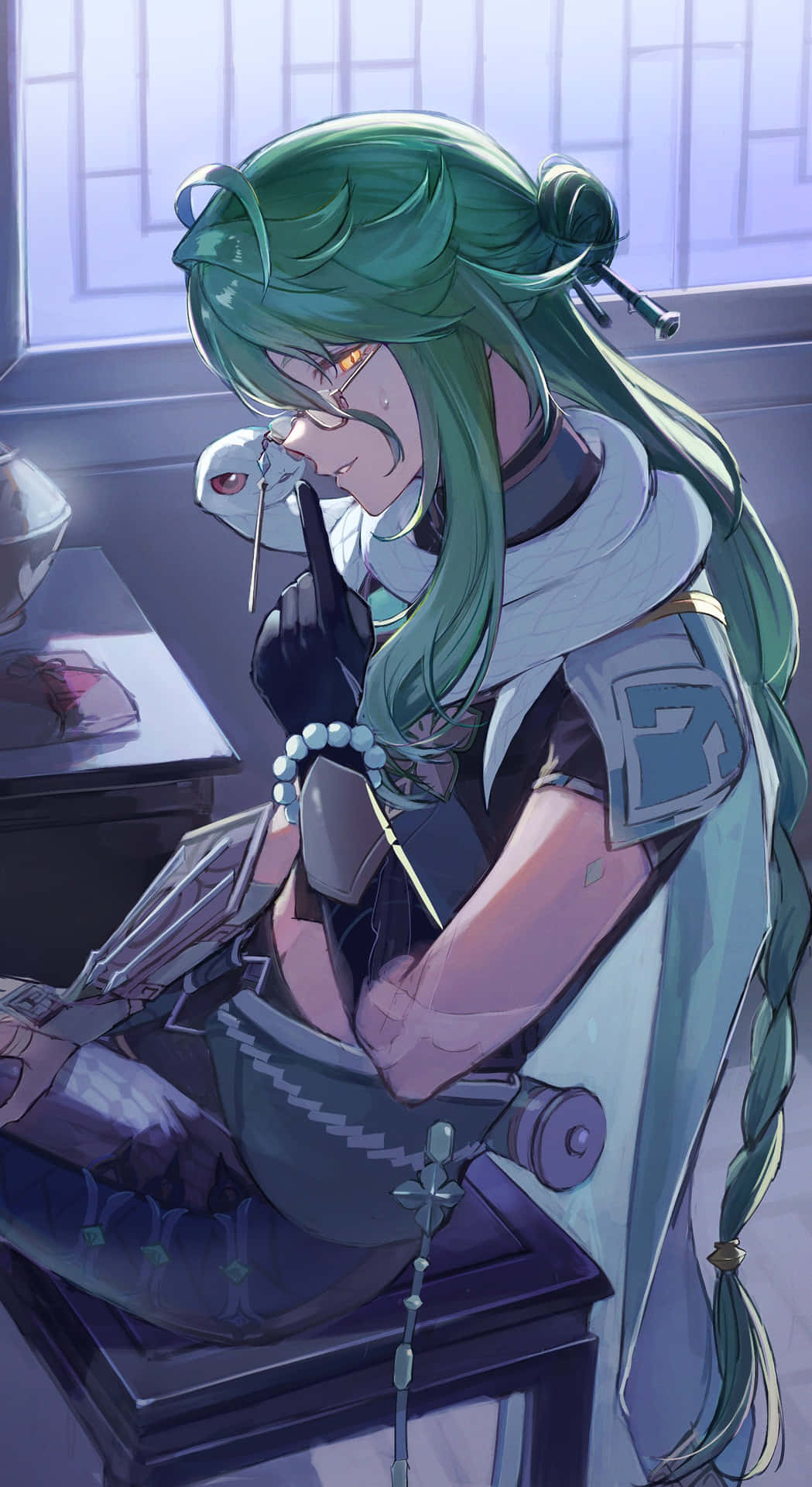 Green Haired Character Studying Wallpaper