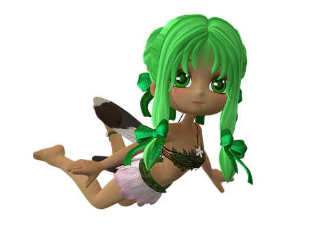 Green Haired Fairy Cartoon Character PNG