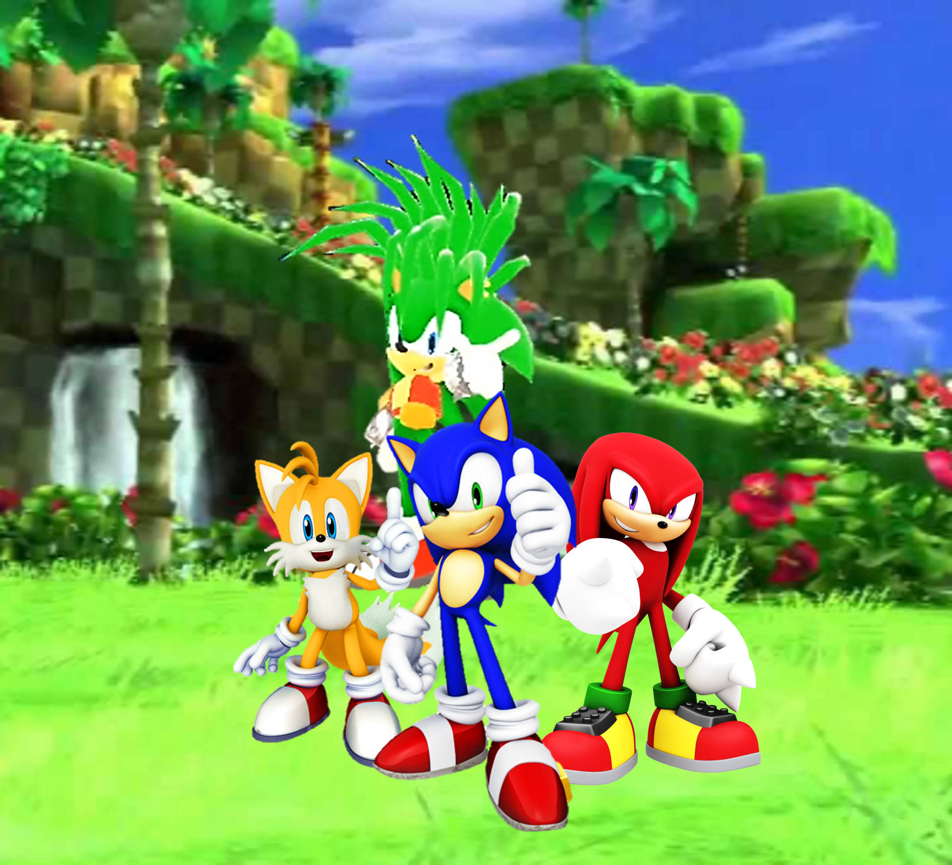 Sonic the Hedgehog og hans venner står foran en grøn mark. Wallpaper