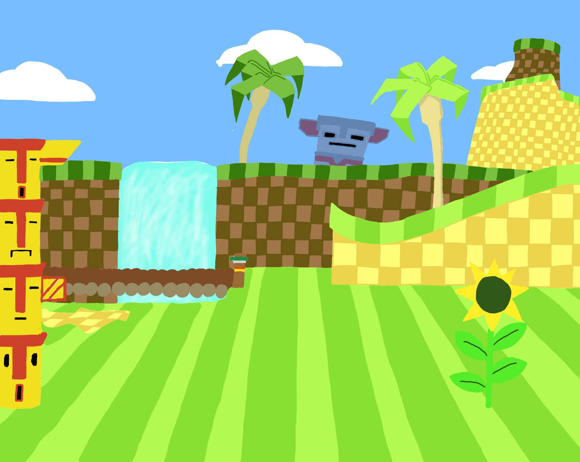 A Cartoon Of A Green Field With A Waterfall Wallpaper