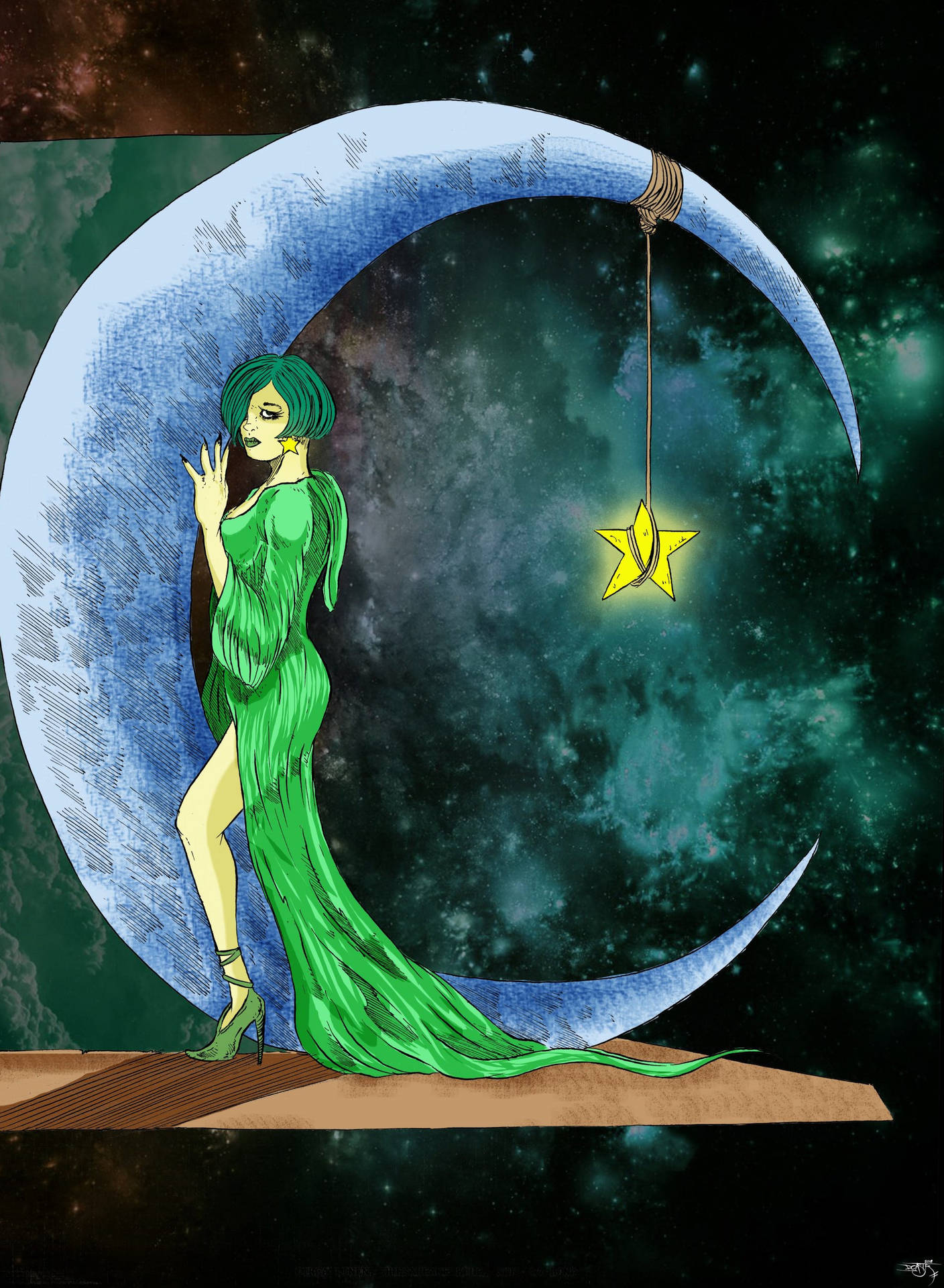 Green Lady Moon And Stars Wallpaper