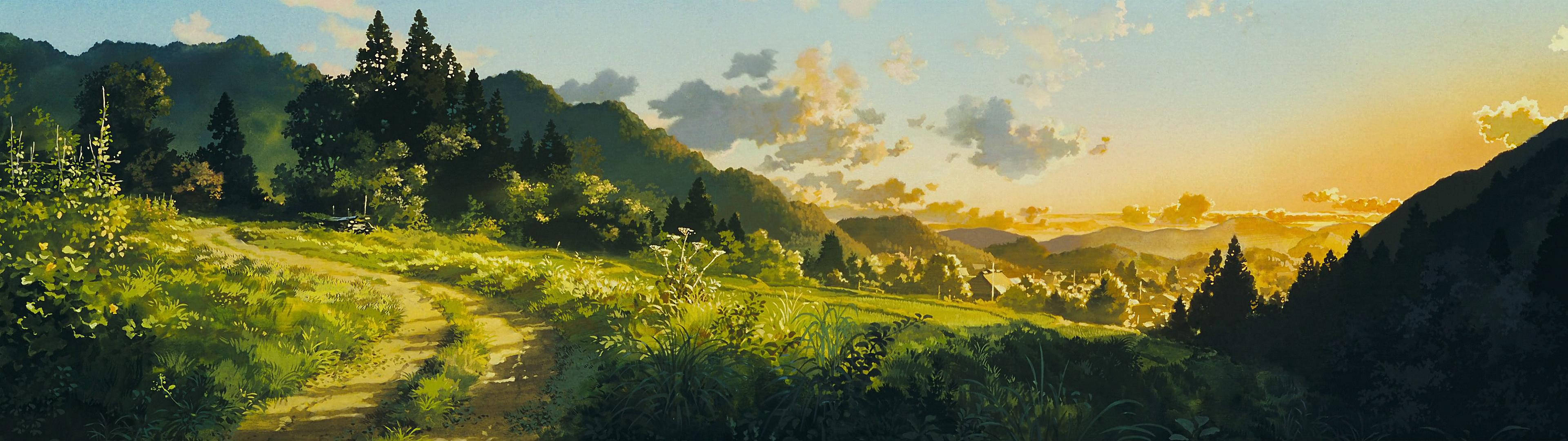 Anime inspired green landscape, perfect for dual monitor wallpaper Wallpaper