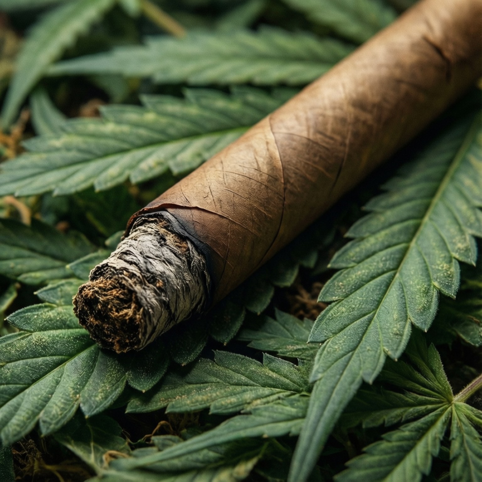 Wallpaper makro dari blunt di daun ganja dengan nuansa bumi.