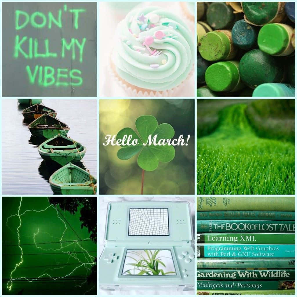 Green March Collage Aesthetic Wallpaper