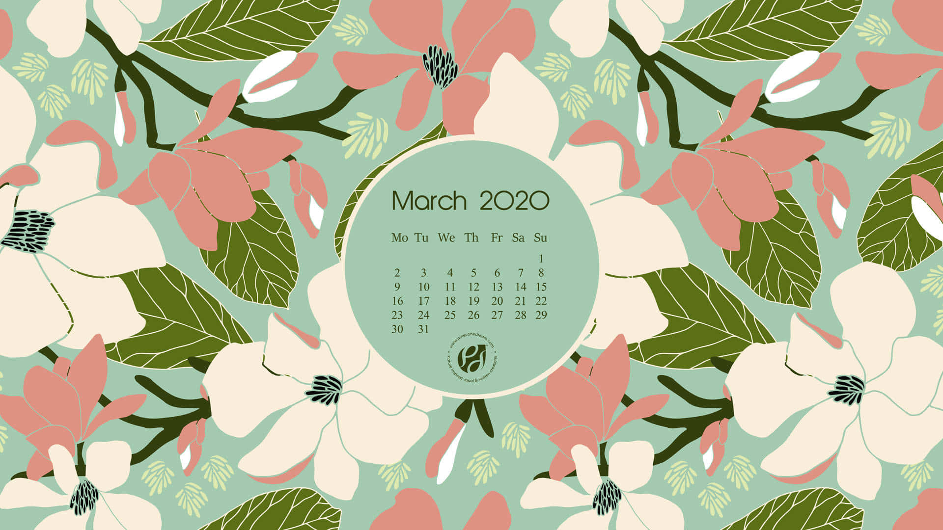 Green March Floral Calendar2020 Wallpaper