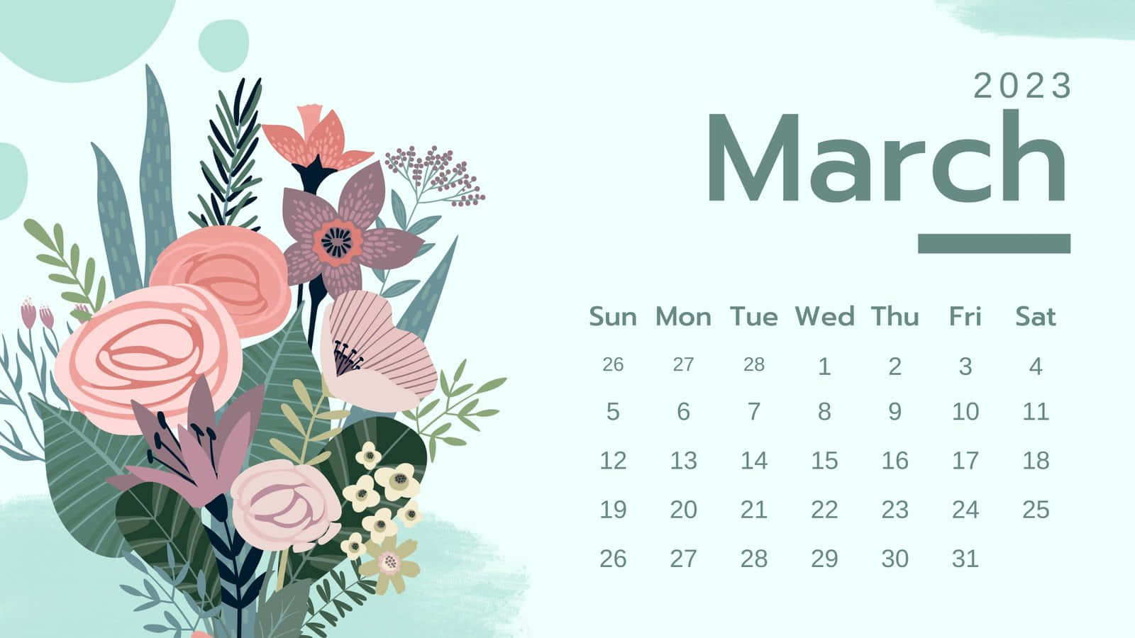 Green March Floral Calendar2023 Wallpaper